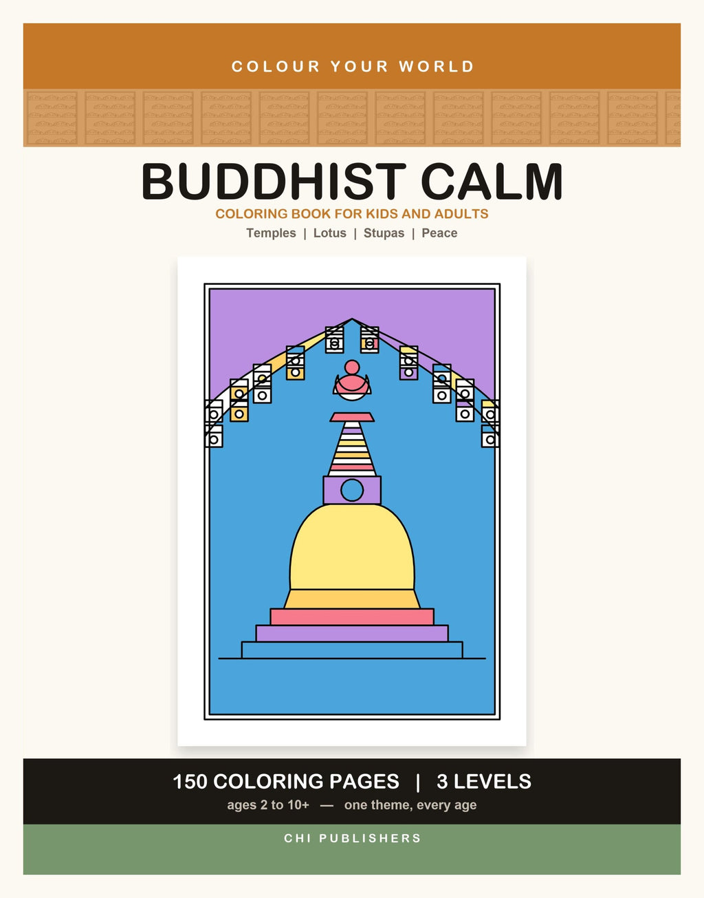Cover of the Buddhist Calm Coloring Book for Kids and Adults, 150 pages, 3 levels