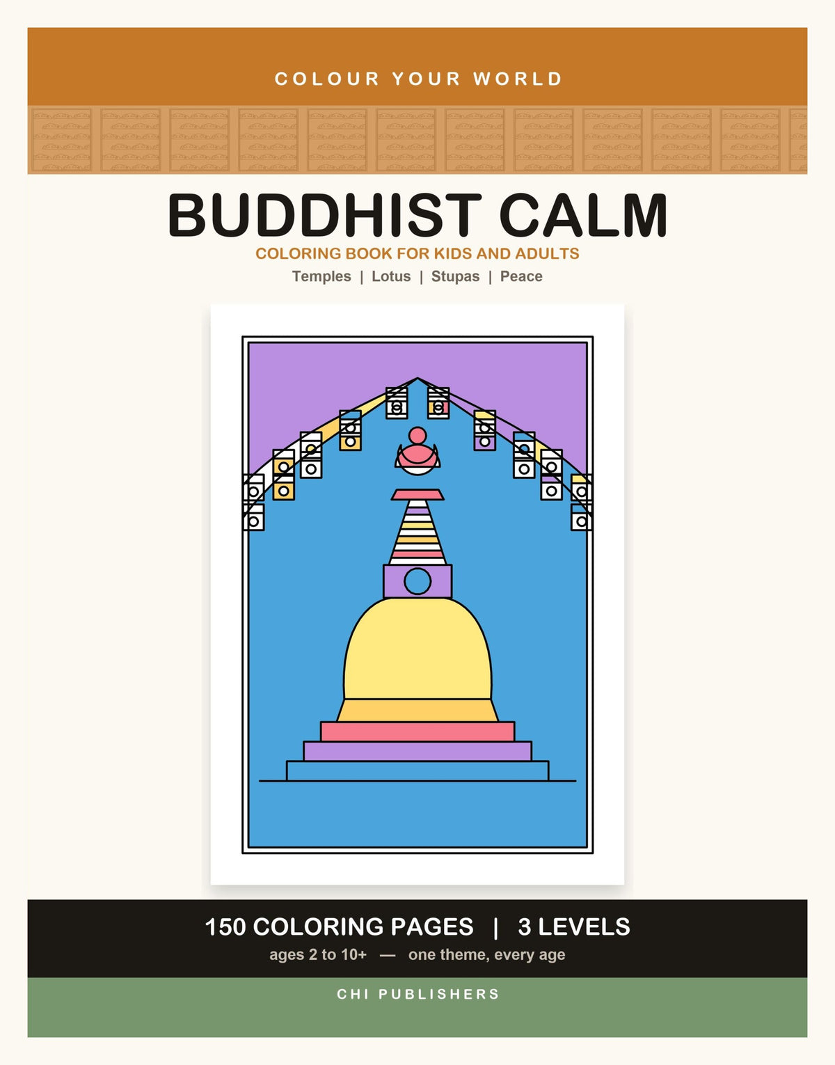 Cover of the Buddhist Calm Coloring Book for Kids and Adults, 150 pages, 3 levels