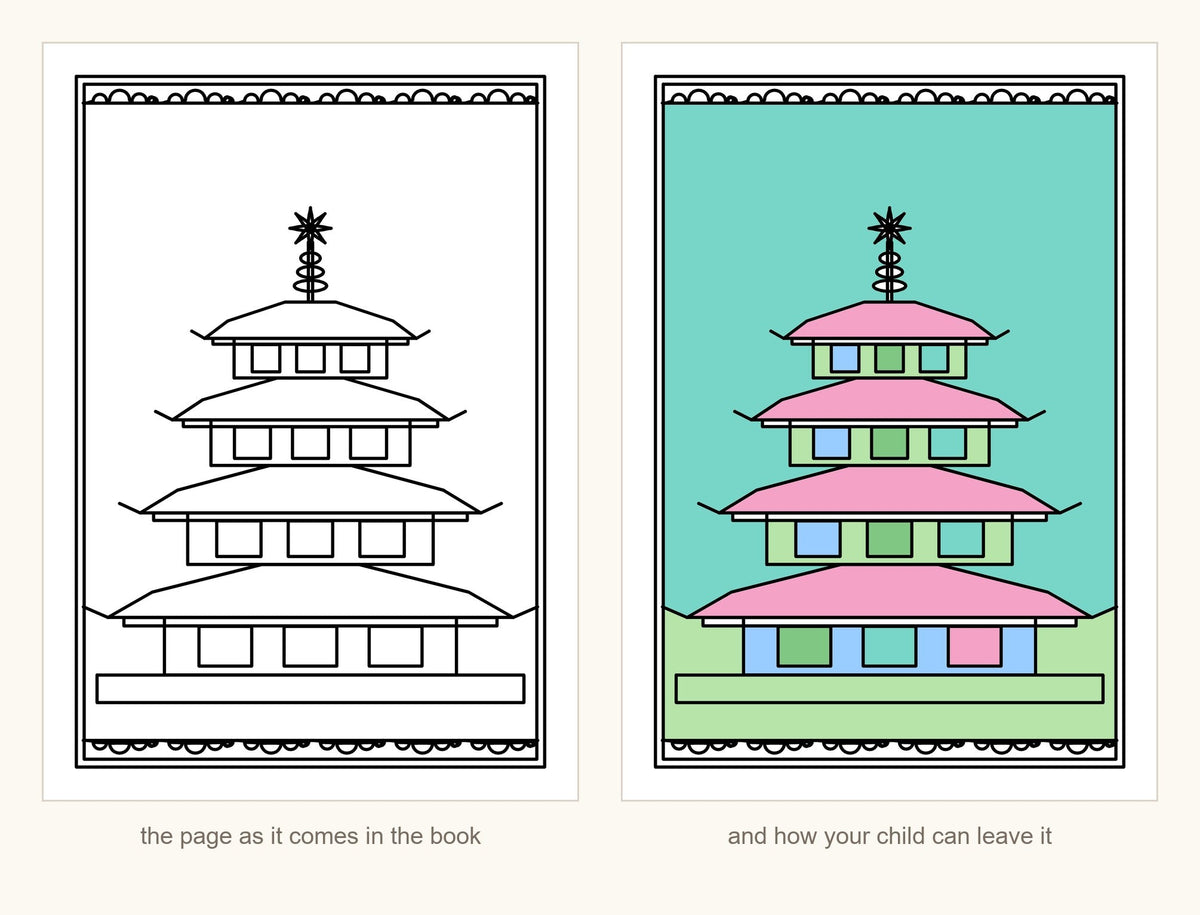 The same pagoda temple page shown blank as it comes in the book and fully coloured in