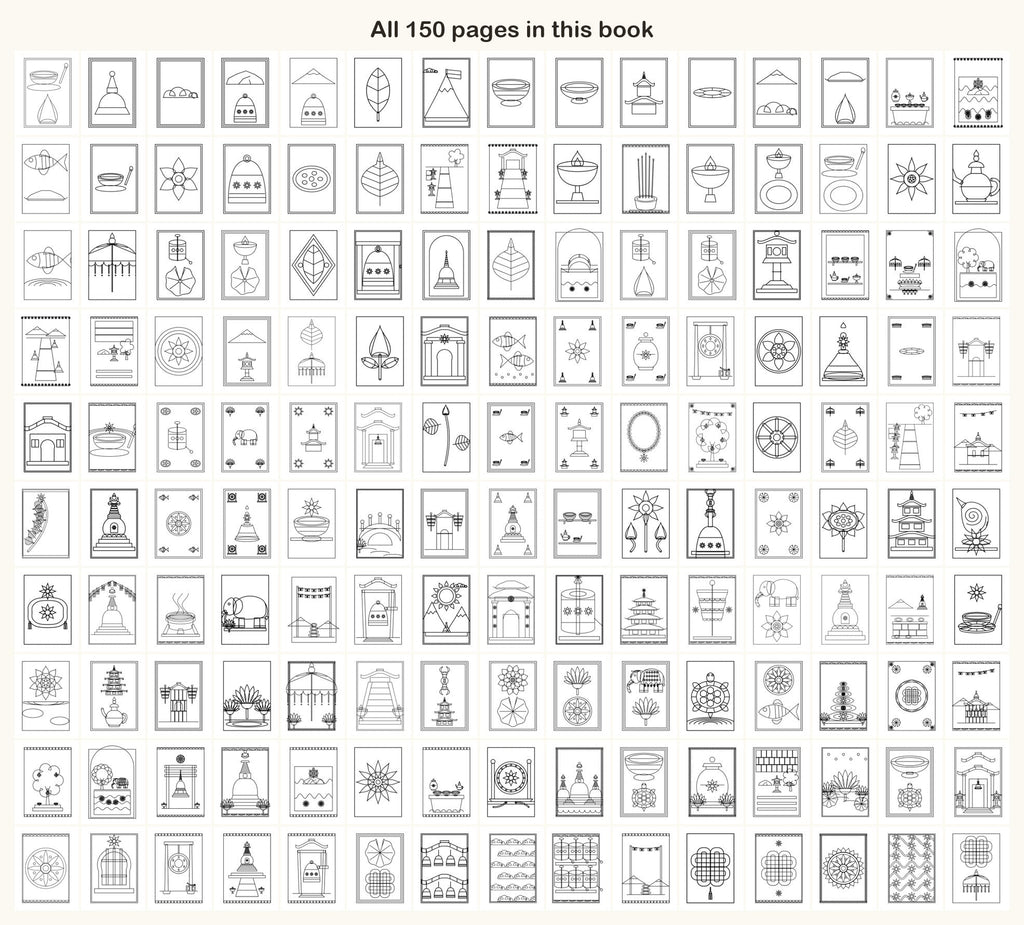 All 150 coloring pages of the Buddhist Calm book on one sheet