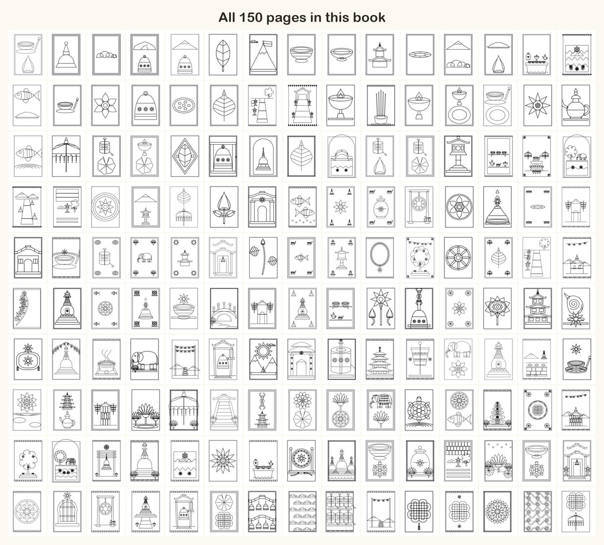 All 150 coloring pages of the Buddhist Calm book on one sheet