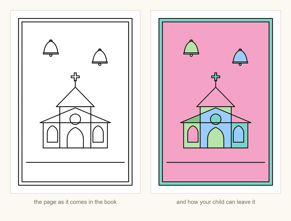 The same little church page shown blank as it comes in the book and fully coloured in