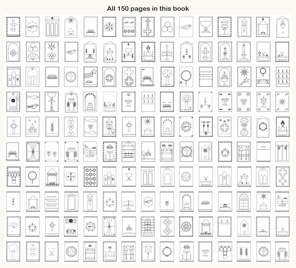 All 150 coloring pages of the Christian Traditions book on one sheet