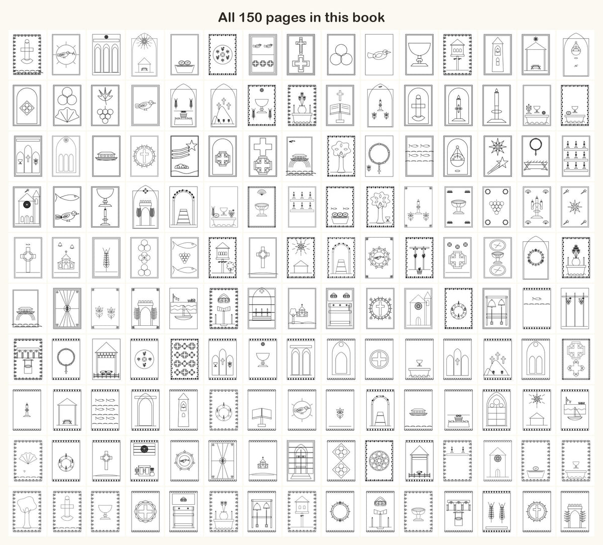 All 150 coloring pages of the Christian Traditions book on one sheet