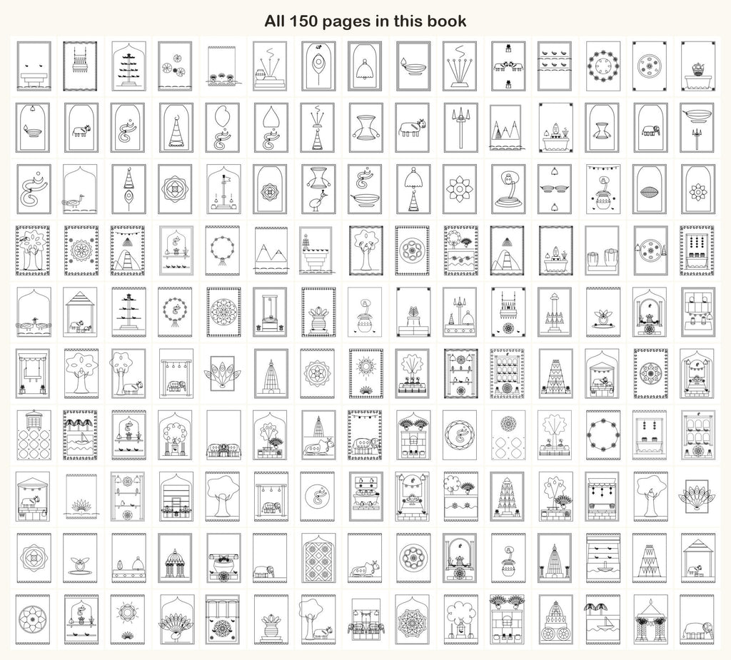 All 150 coloring pages of the Hindu Traditions book on one sheet