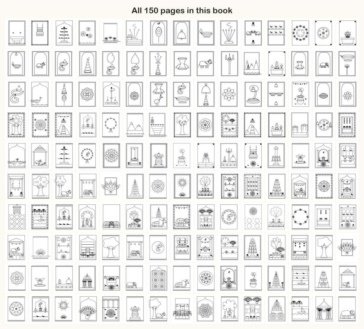 All 150 coloring pages of the Hindu Traditions book on one sheet