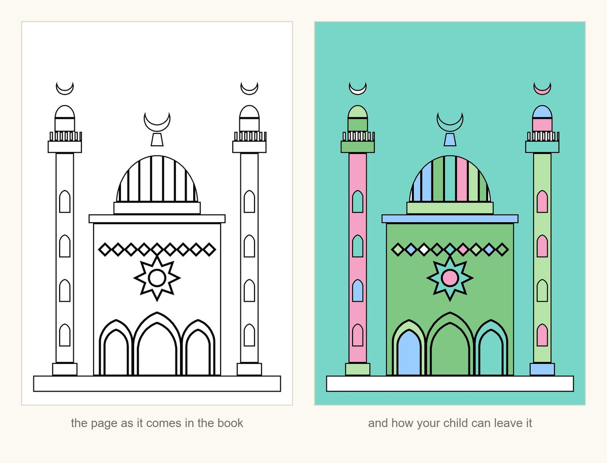 The same mosque page shown blank as it comes in the book and fully coloured in