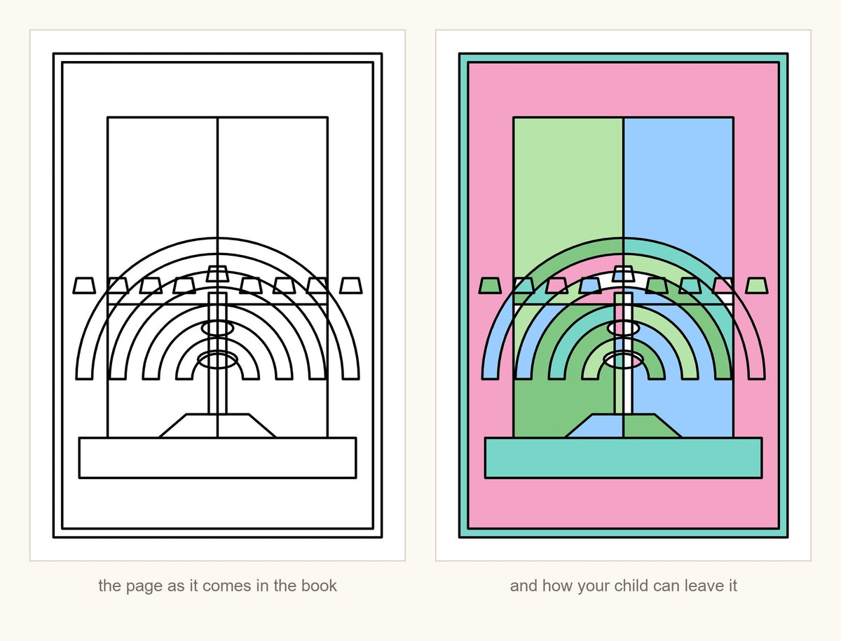 The same chanukiah window page shown blank as it comes in the book and fully coloured in