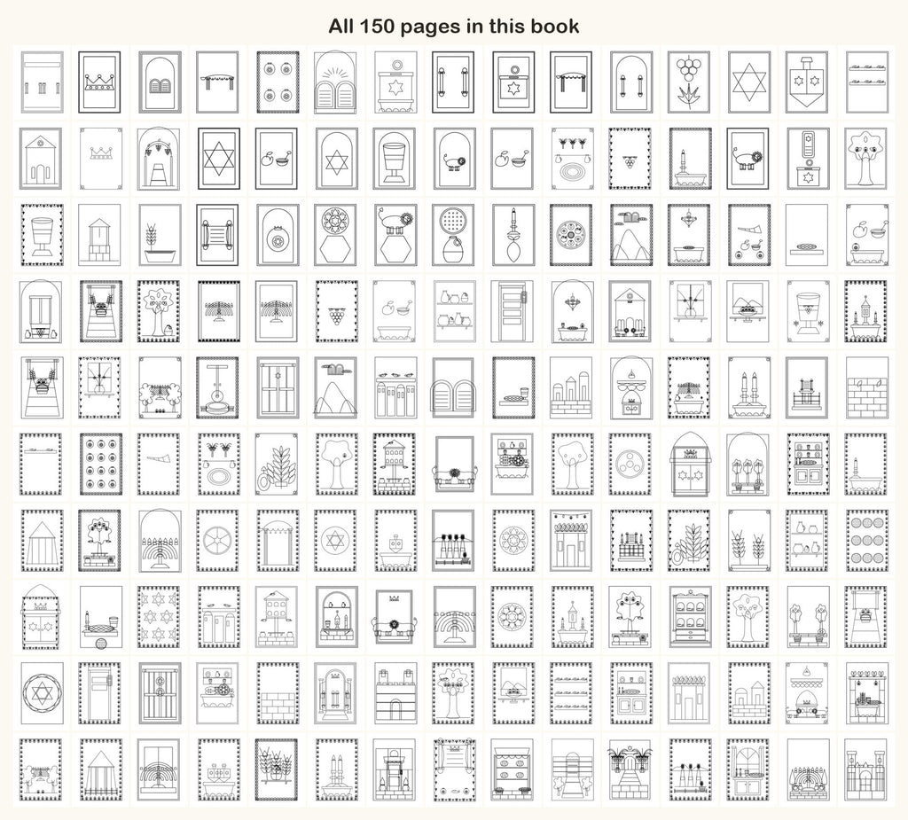 All 150 coloring pages of the Jewish Life book on one sheet