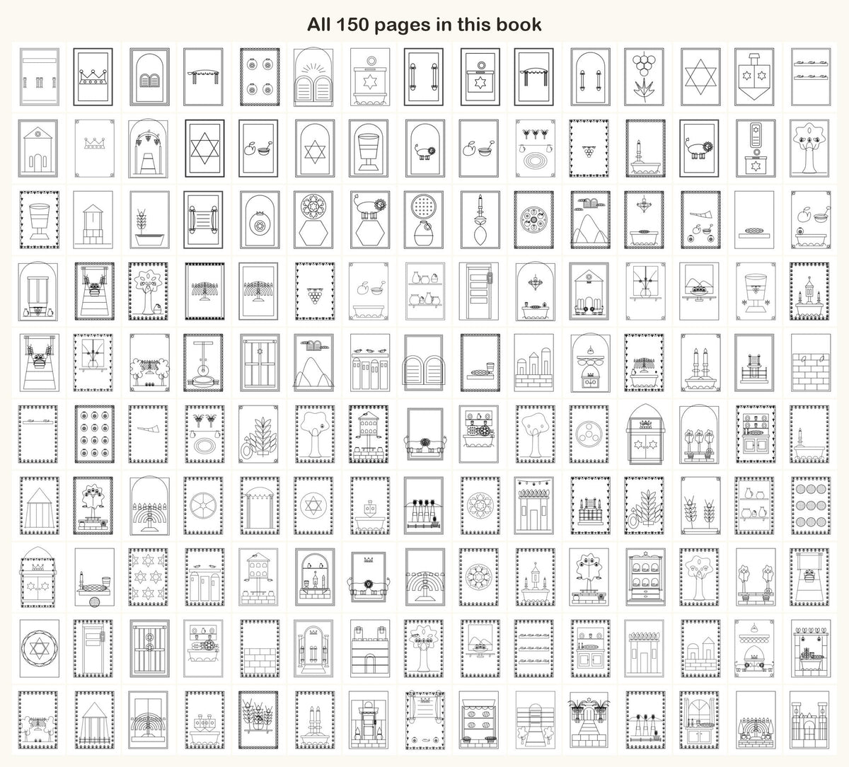 All 150 coloring pages of the Jewish Life book on one sheet
